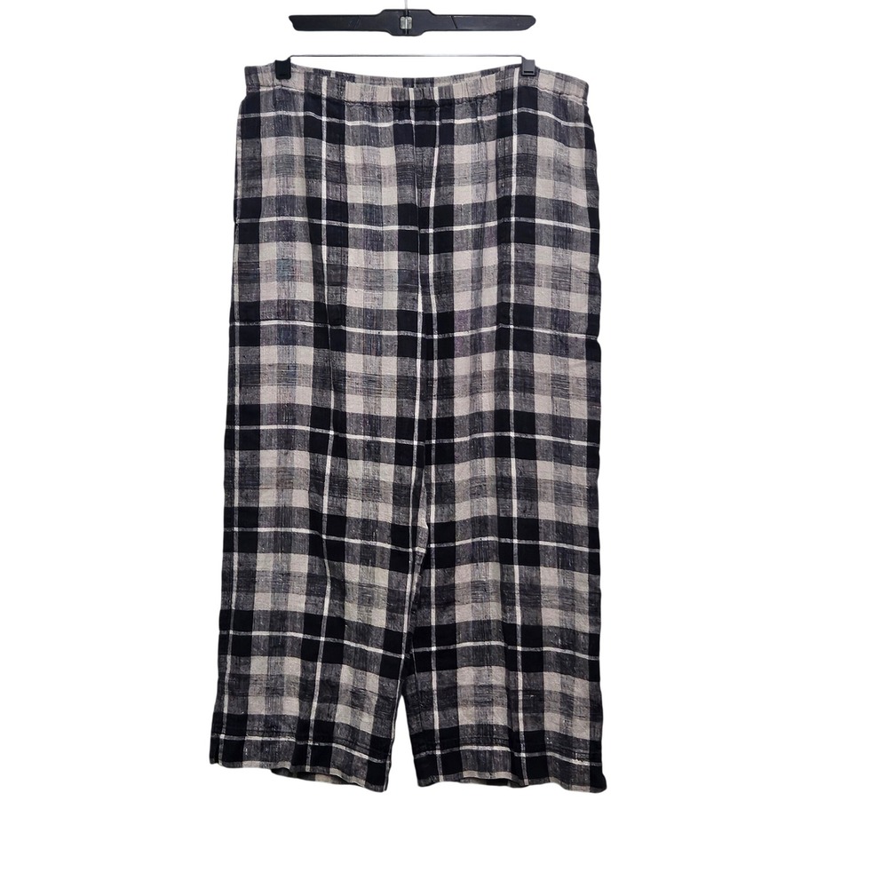 Chico's Design Linen Pants Womens 1 Black Grey Plaid Elastic Waist Coastal Chic